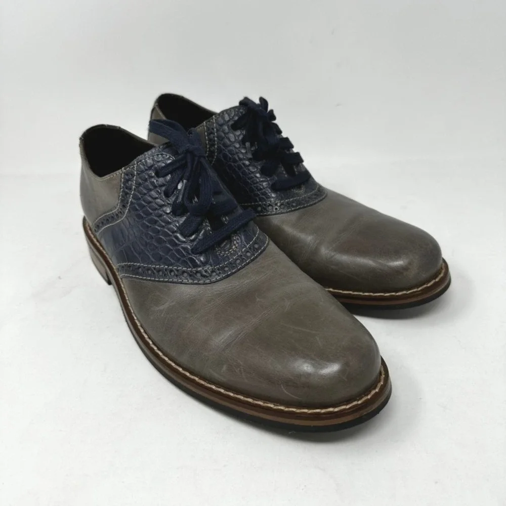 Cole Haan Mens 7.5 M Grey Navy Blue Croc Saddle Oxford Shoes C10293